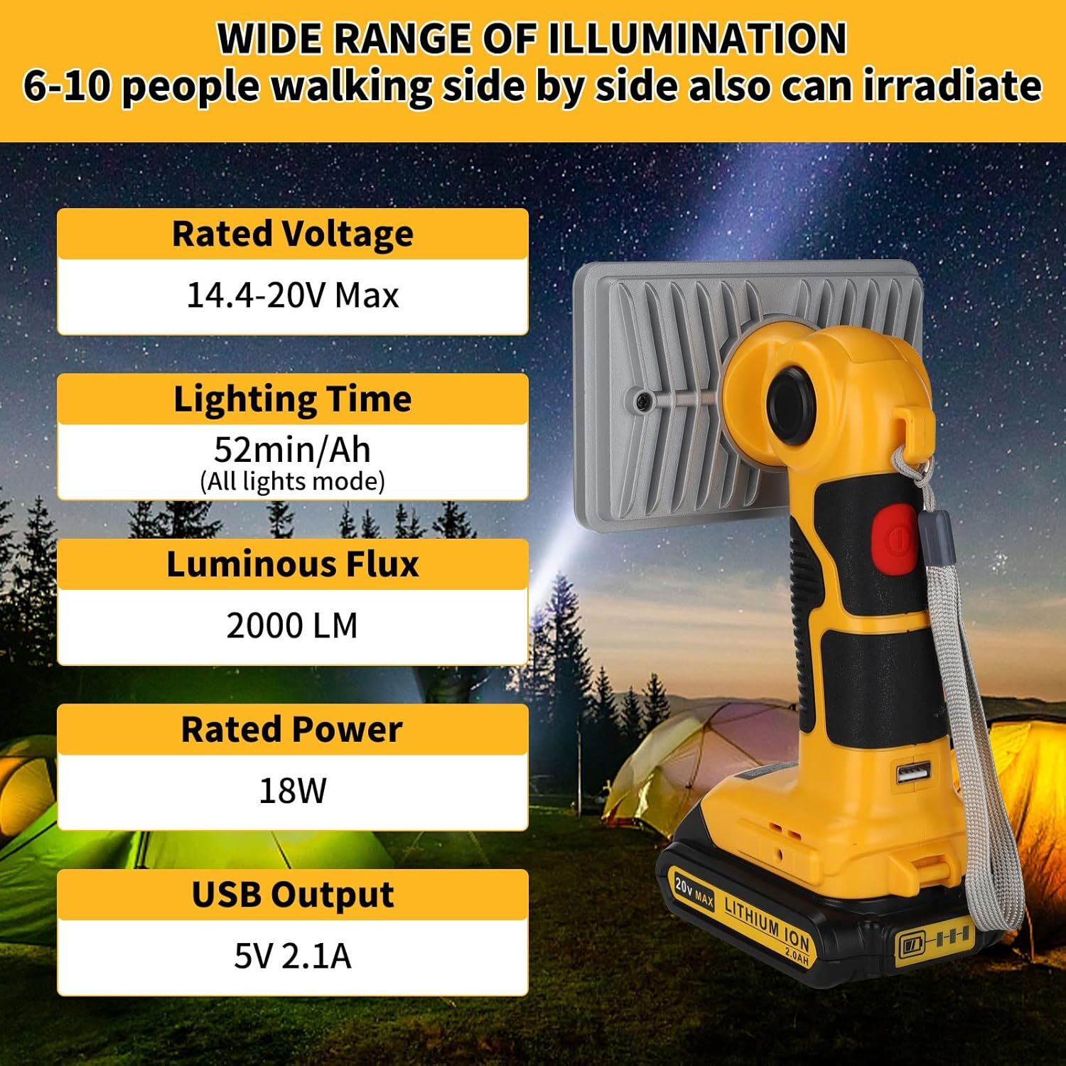 2000LM LED Work Light Suitable For DeWalt 20 VOLT MAX XR DCB205 Li-Ion Battery