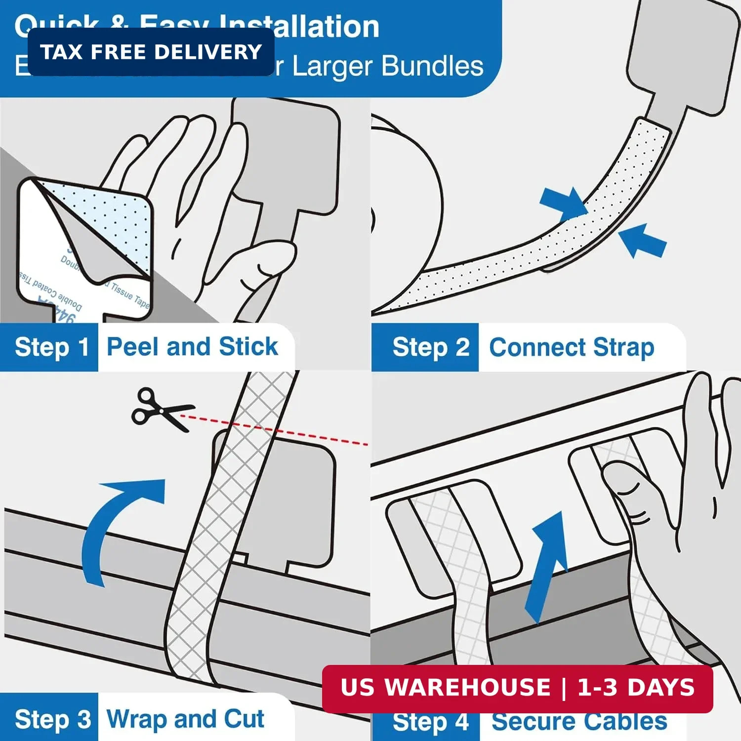 Cable Management Kit - 40 Self-Adhesive Hook & Loop Cable Ties with 2 Extension