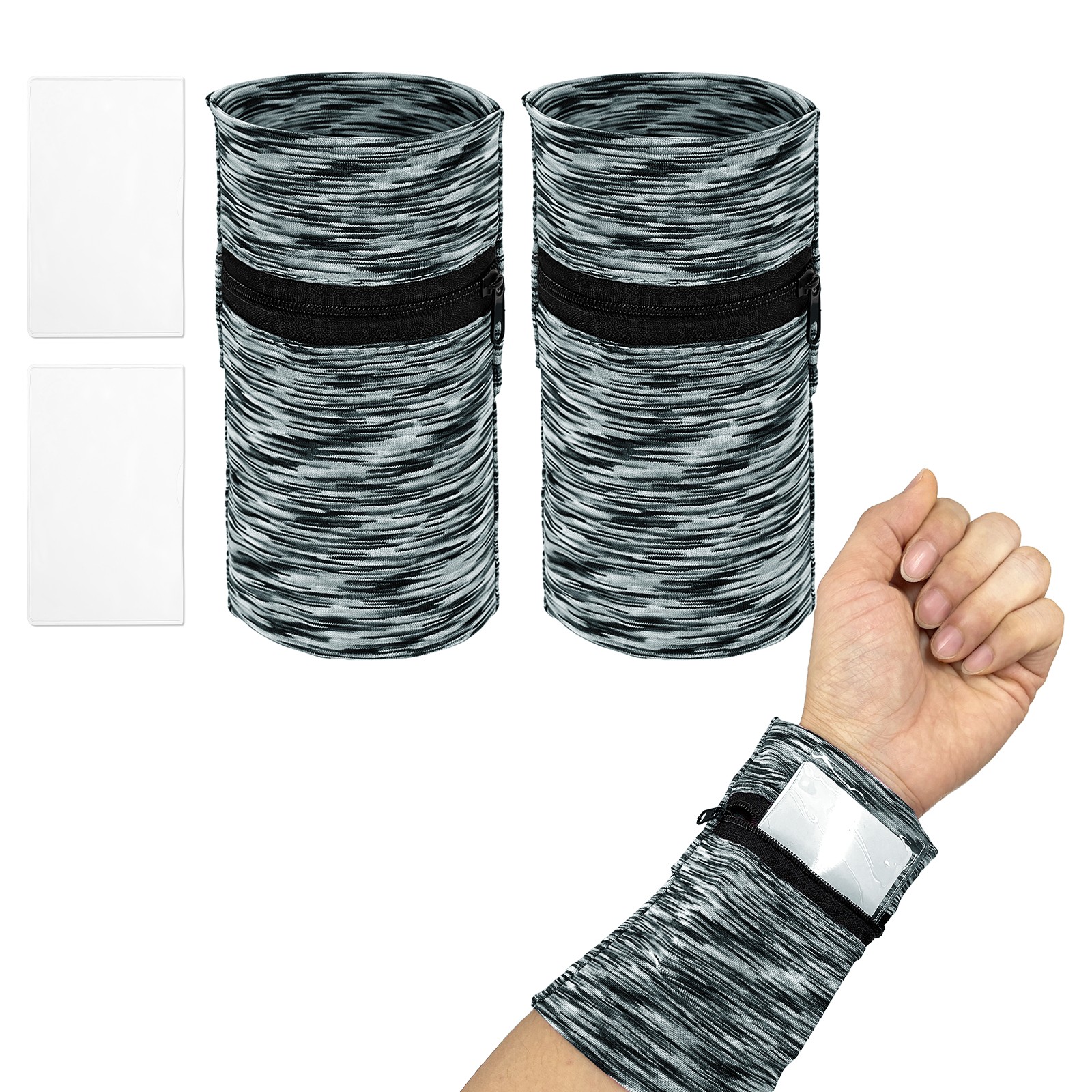 Wrist Pouch, Wrist Wallet with PVC Card Pouch 2Set &Black and Gray Stripes