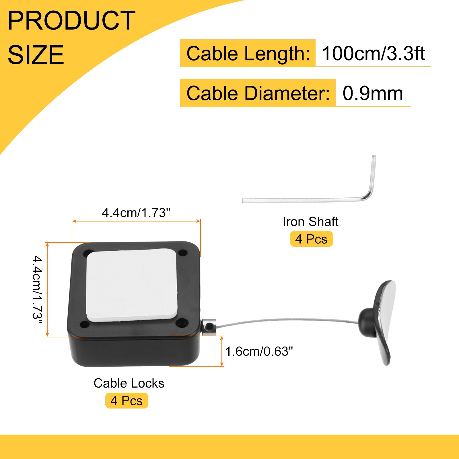3.3 ft Retractable Cable Security Lock with Arc Patch 600g, Black, 4 Pack