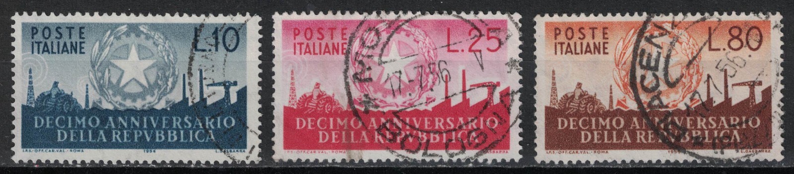 ITALY:1956 SC#710-11,713 Used Tenth anniversary of the Republic  T