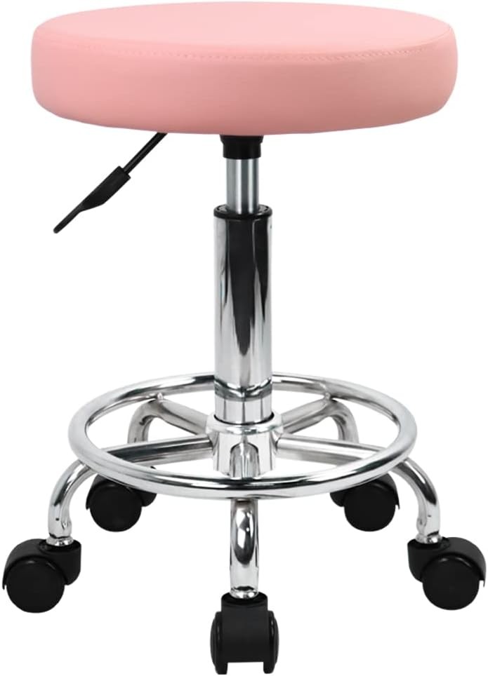 PU Leather Round Rolling Stool W/ Foot Rest Swivel Height Adjustment Spa