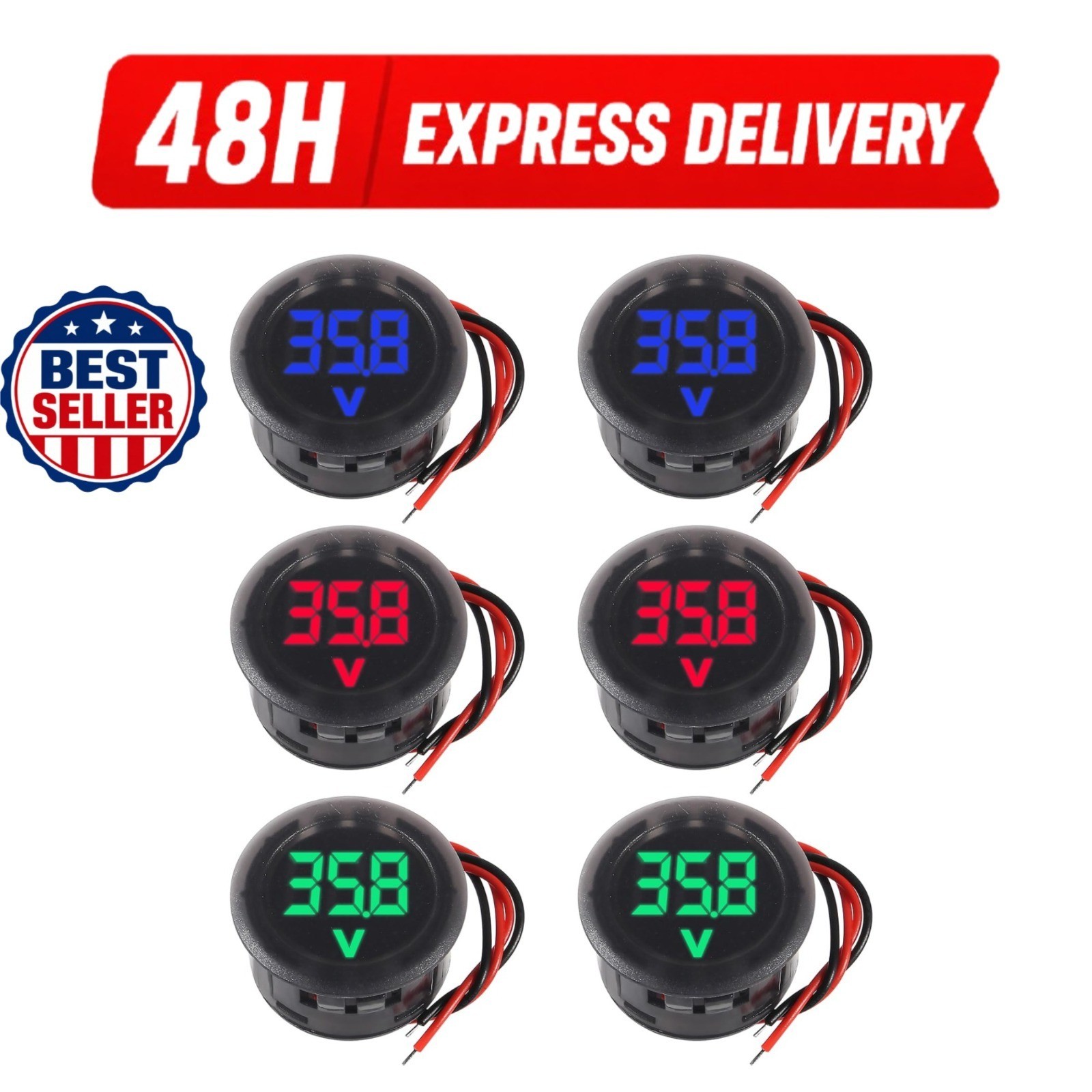 6 Pieces Digital Voltmeter 4-100V DC LED Display Waterproof for Vehicles