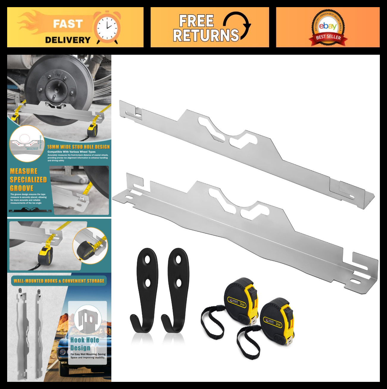 Heavy Duty Wheel Alignment Tool Kit with 2 Tape Measures & Stainless Steel Plate