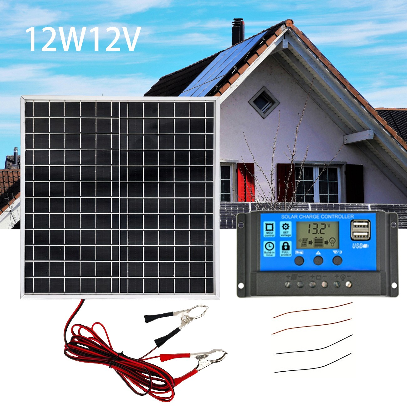 Solar panel kit with 100A charging controller and 18V USB port