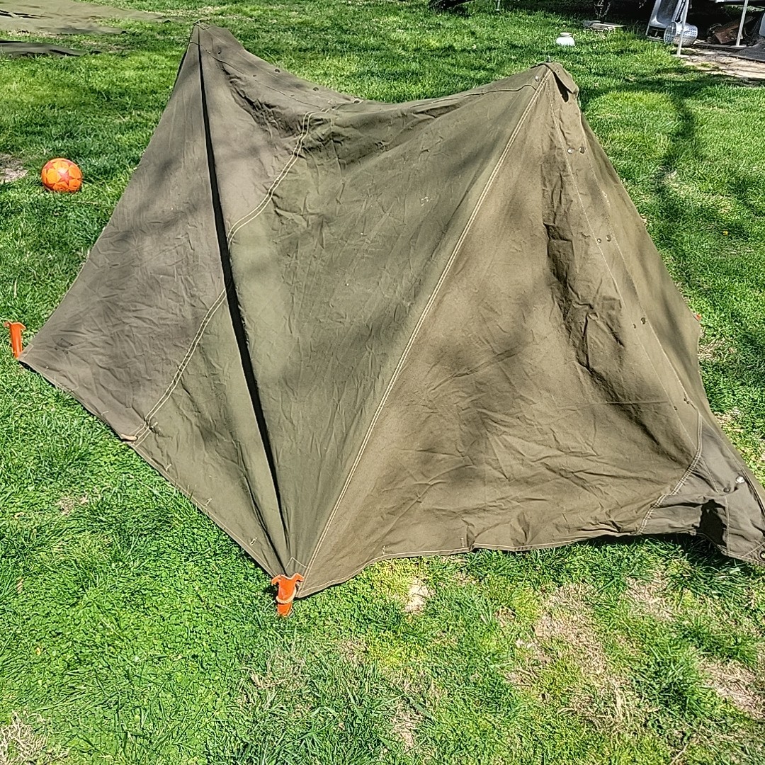 US Military OD Shelter Half Pup Tent Canvas Tarp Vintage With Parts 50's READ**