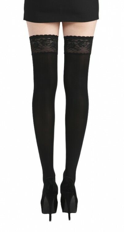 Semi Opaque Black Lace Top 50 Denier Thigh Hi Nylon Sexy Hold Up Stockings P58