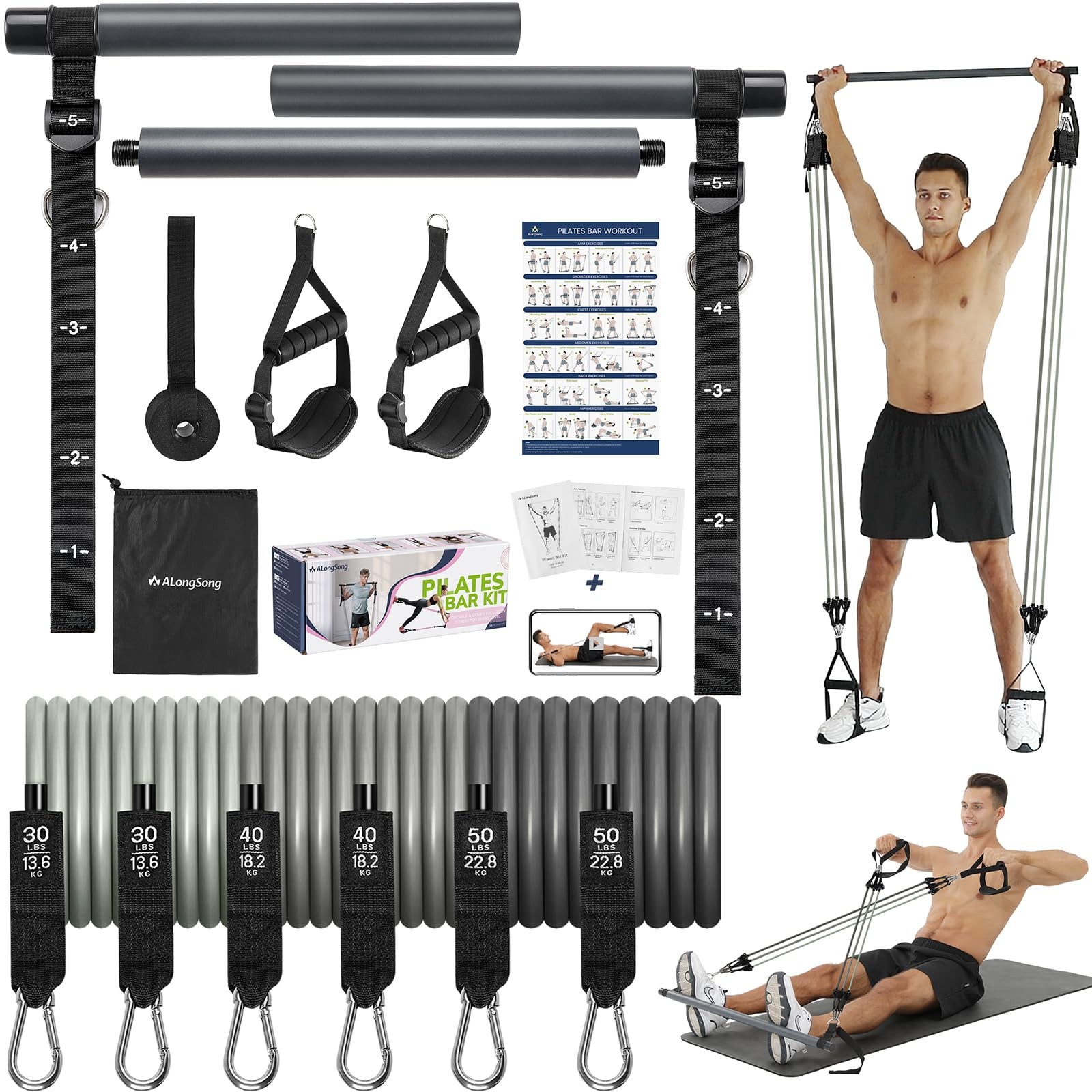 Pilates Bar Kit with Resistance Bands Latex Elastic, 30/40/50lbs, Blue Grey