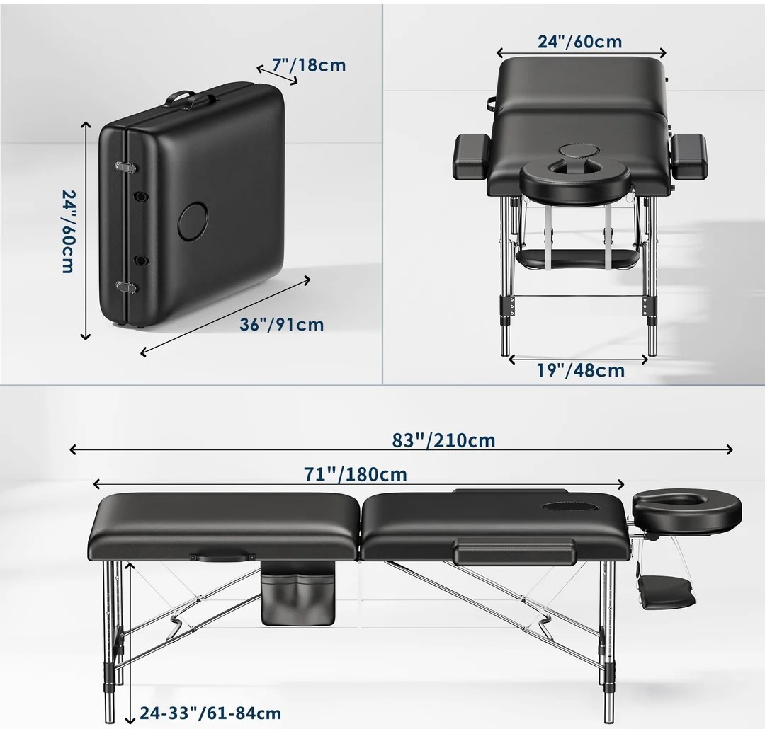 Portable Foldable Height Adjustable Massage Table Black 83in L 24-33in H