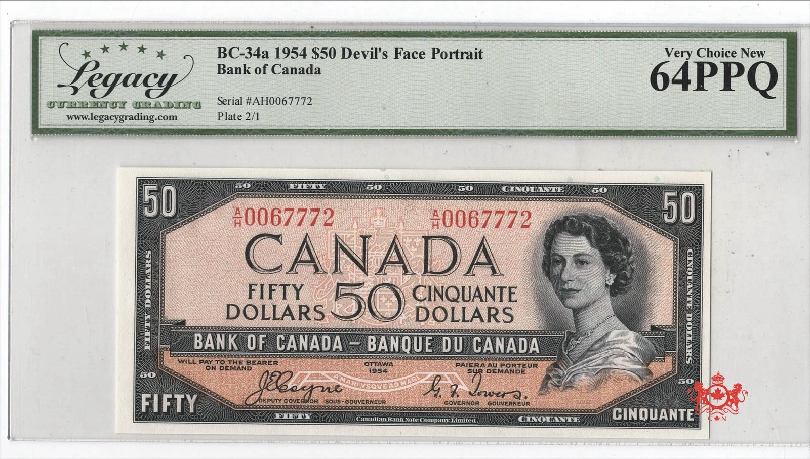 1954 Bank Of Canada 50$ Coyne/Towers Devil Face A/H0067772 - Legacy UNC64PPQ -
