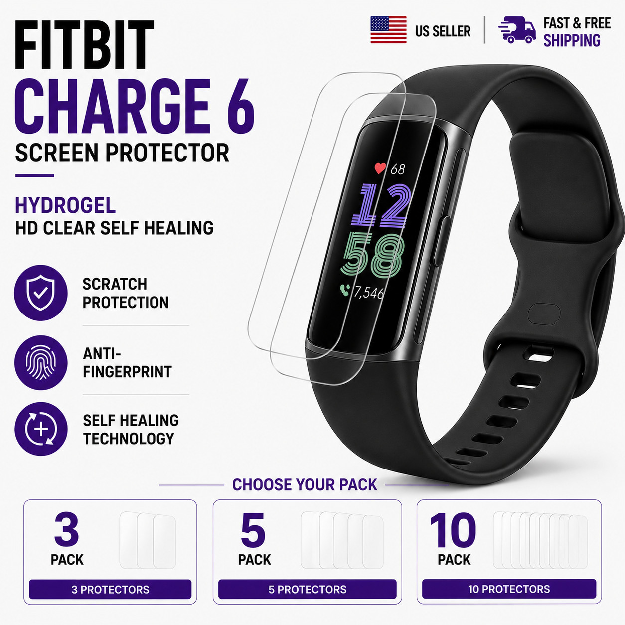 Fitbit Charge 6 Screen Protector Hydrogel 3 Pack HD Clear Self Healing