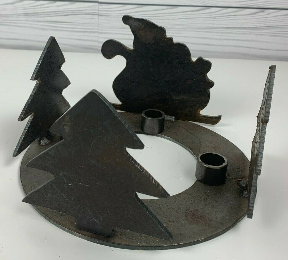 Christmas Holiday Candle Holder Rustic Metal Steel Industrial Heavy Santa Trees