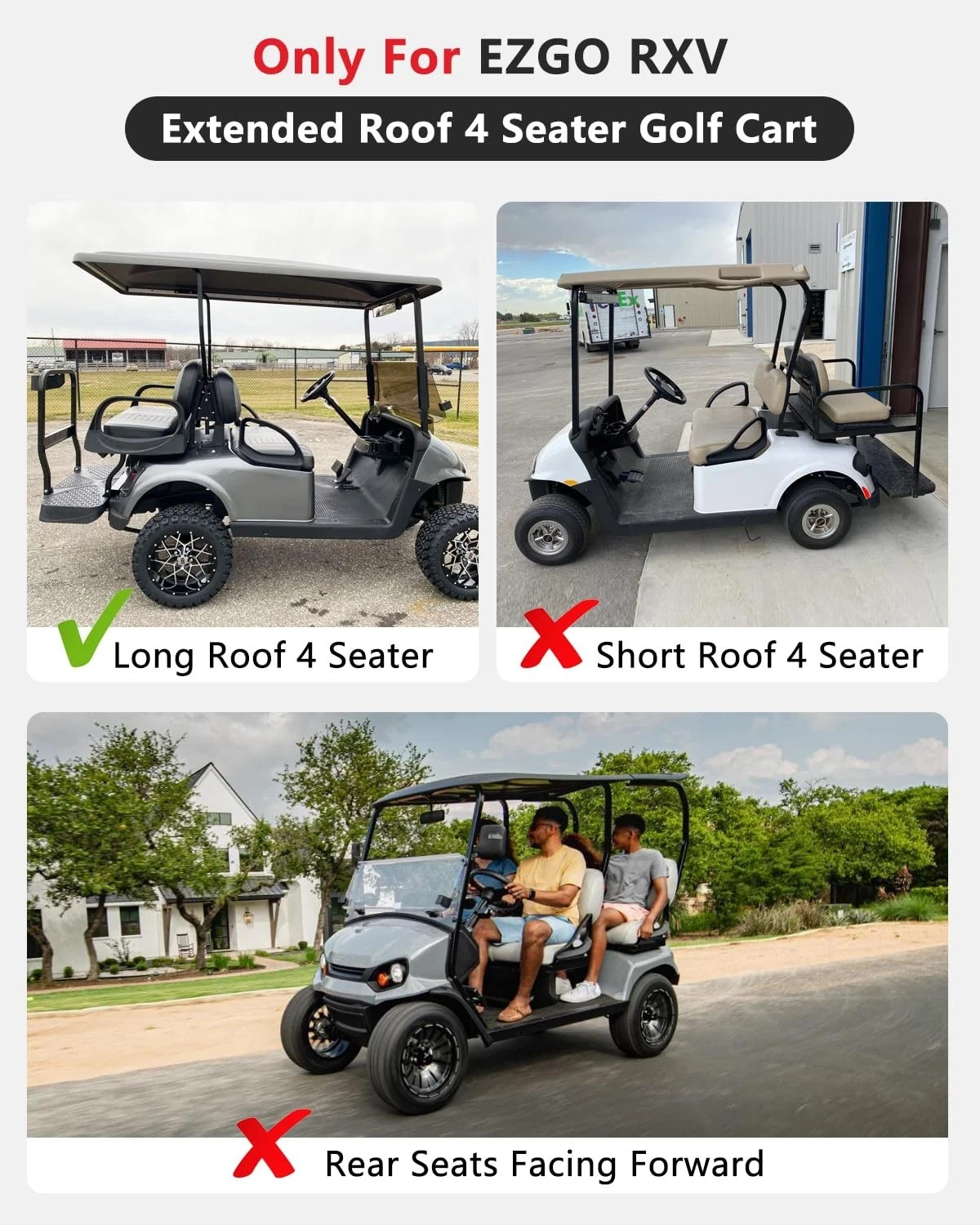 Golf Cart Enclosure 4 Passenger for EZGO RXV 4 Passenger Extended Roof Black