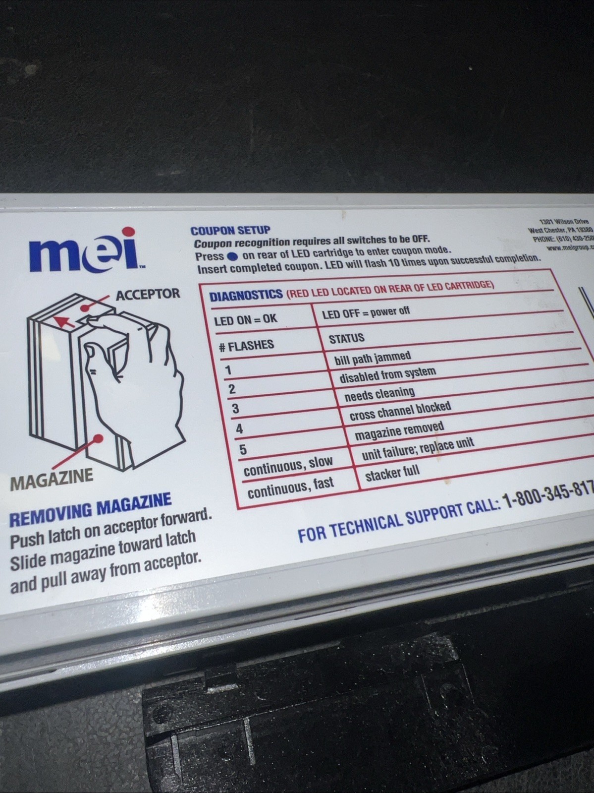 Mars MEI 500 stacker note box for bill acceptor validator GREY N/P 250026180