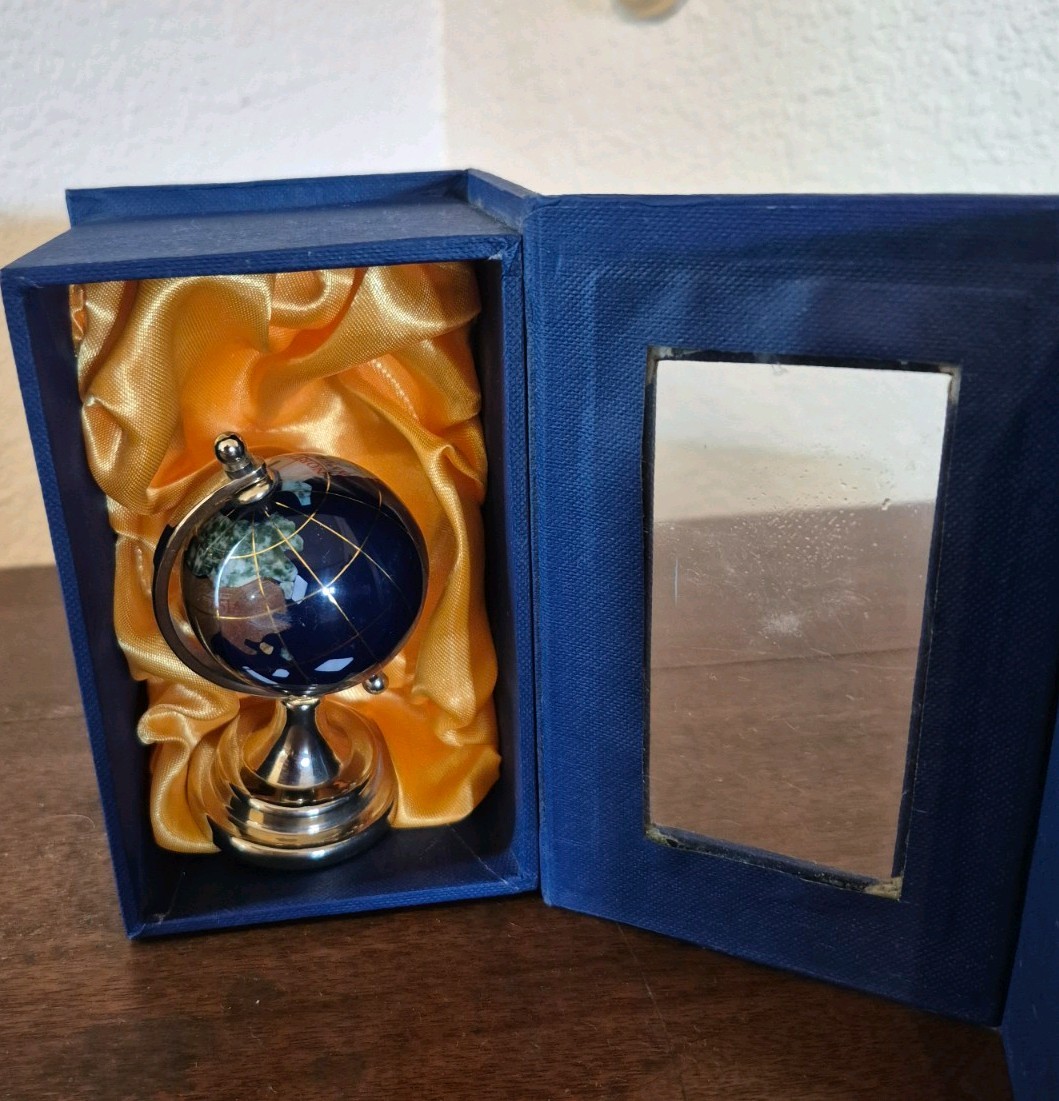 Inlaid Gemstone  4 Inch World Globe  Dark Blue Ocean in Original Box