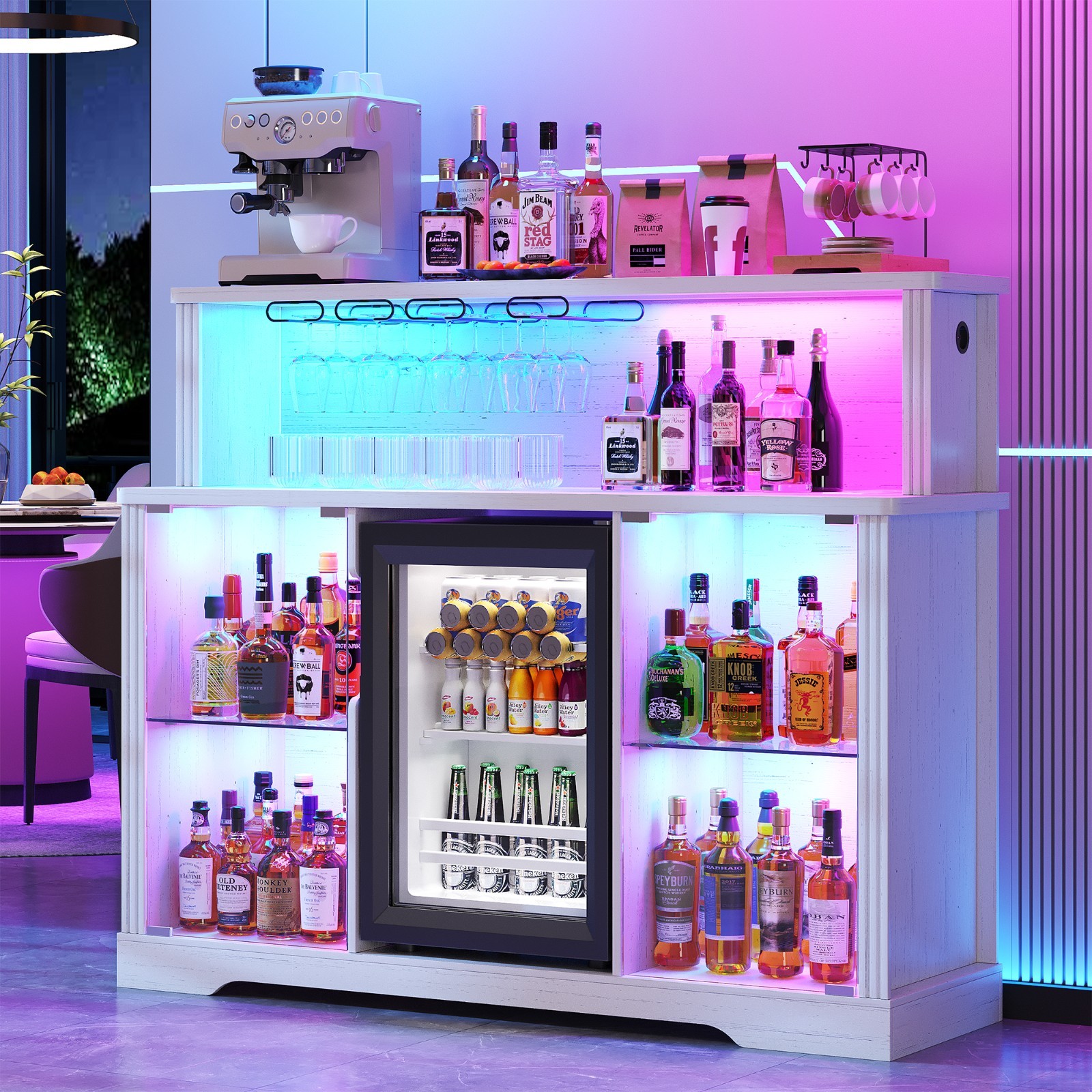 Bar Cabinet with Fridge Included, Wine Rack, Glass Holder, RGB Light & Charger