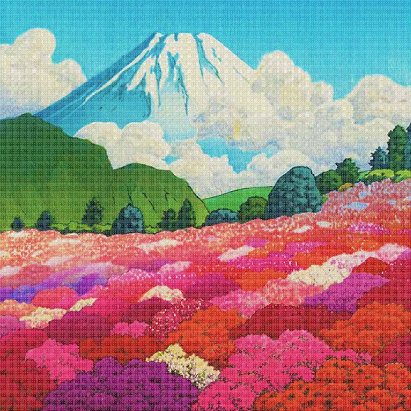 Orenco Originals Kawase Hasui Azalea Mt Fuji Detail Counted Cross Stitch Pattern