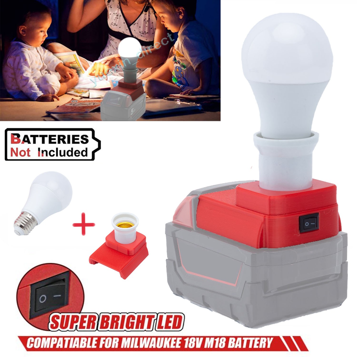 Portable LED Work Light For Milwaukee 18V Lithium Battery E27 Bulb Lamp New US