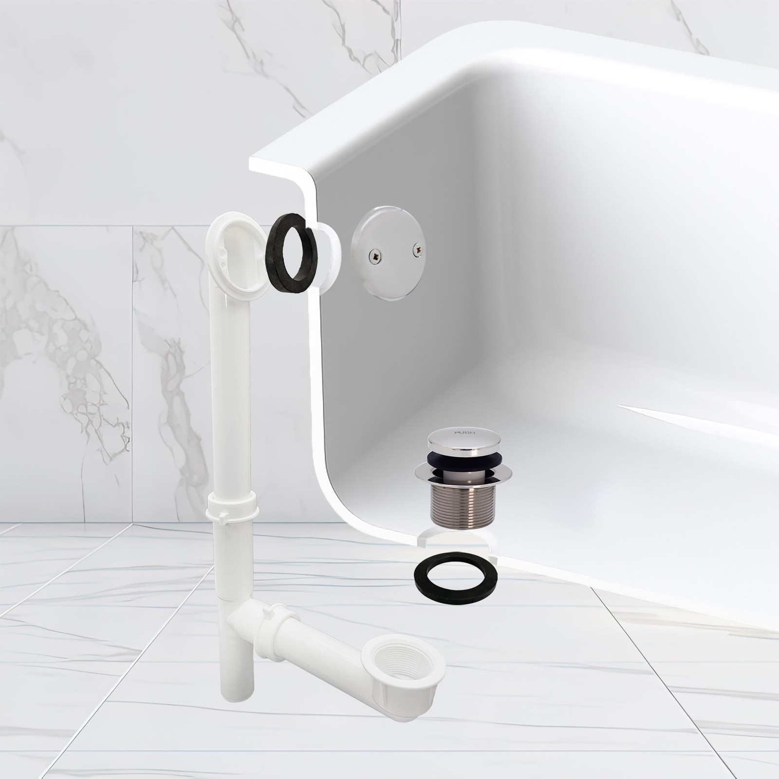 Y593244CP White Tubular Tip-Toe Bath Waste and Overflow Assembly, Polished Ch...