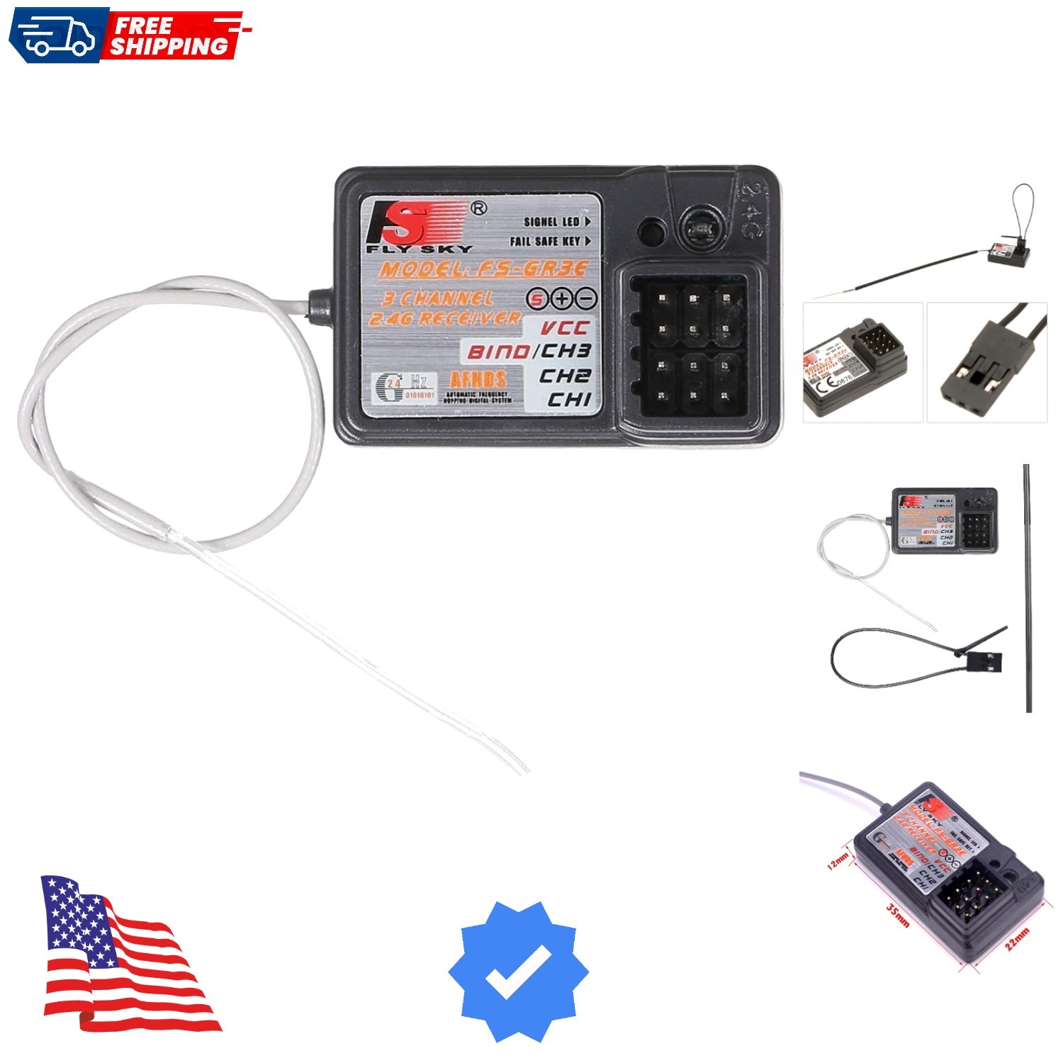 Flysky Receiver FS-GR3E AFHDS Long Range 3CH 2.4GHz Receiver for FS-GT2 FS-GT...