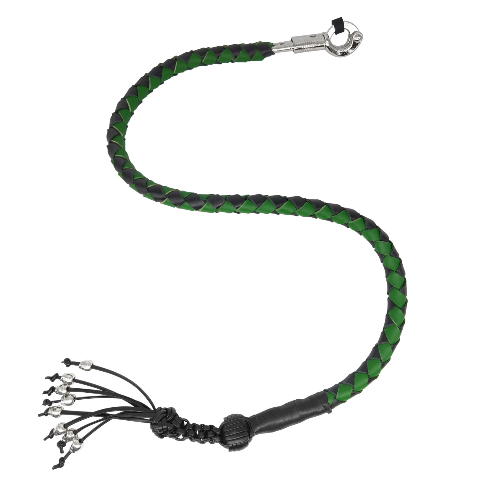 42 Inches Black/Green Fringed Hand-Braided Biker Get Back Whip W/ Skulls