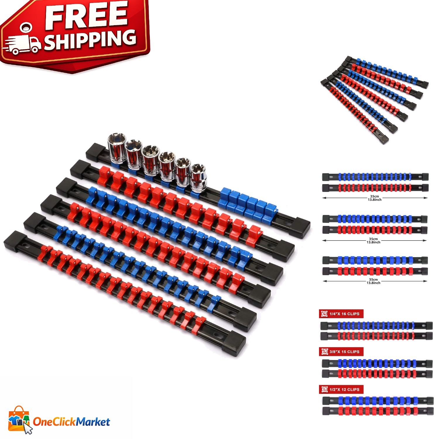 6PC  ABS Socket Organizer - Secure Clips for 1/4, 3/8, & 1/2-Inch Sockets