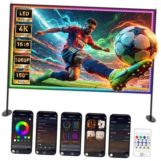 Projector Screen with Stand, USB String Lights Connection 16:9 4K HD 150 inch
