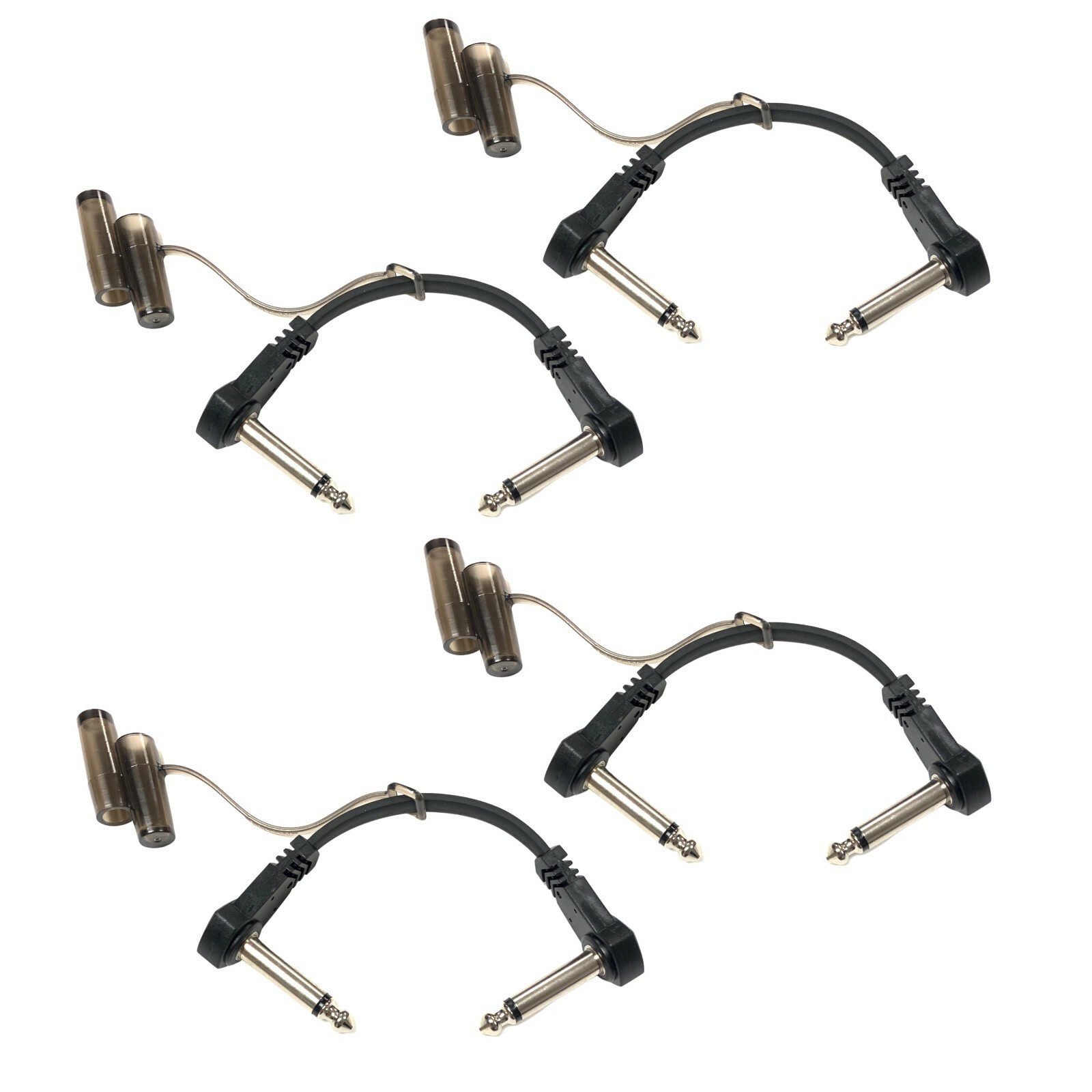 (4 Pack) 1/4'' TS Flat Patch Cable, 4 inch, Black, Right-Angle w/Protective caps