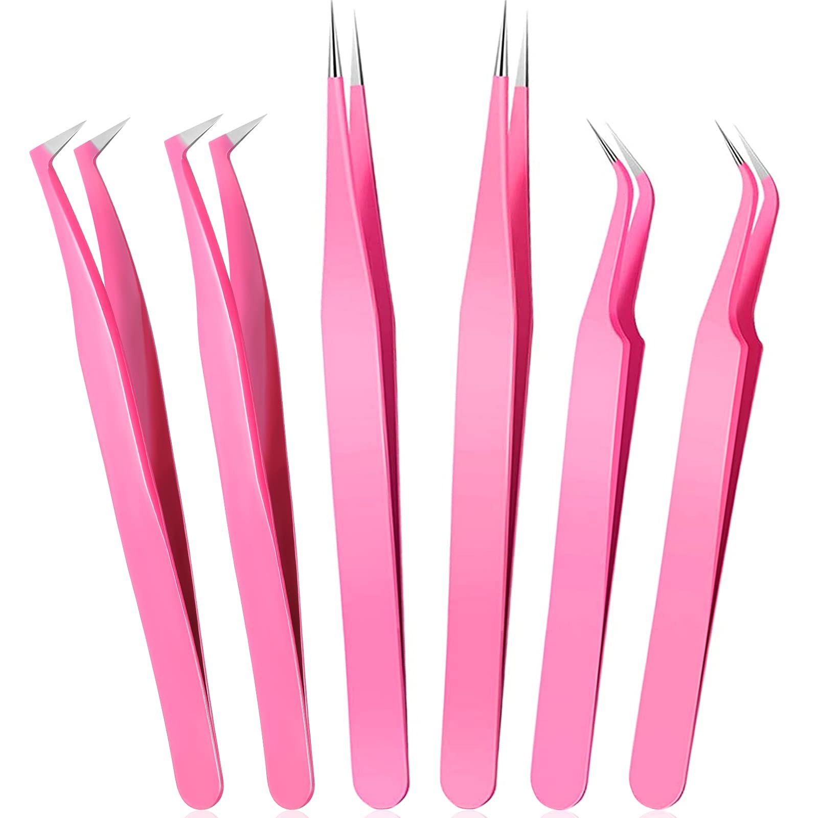 High Precision Lash Tweezers Set 6 Pack Stainless Steel 6 Piece Set, Pink