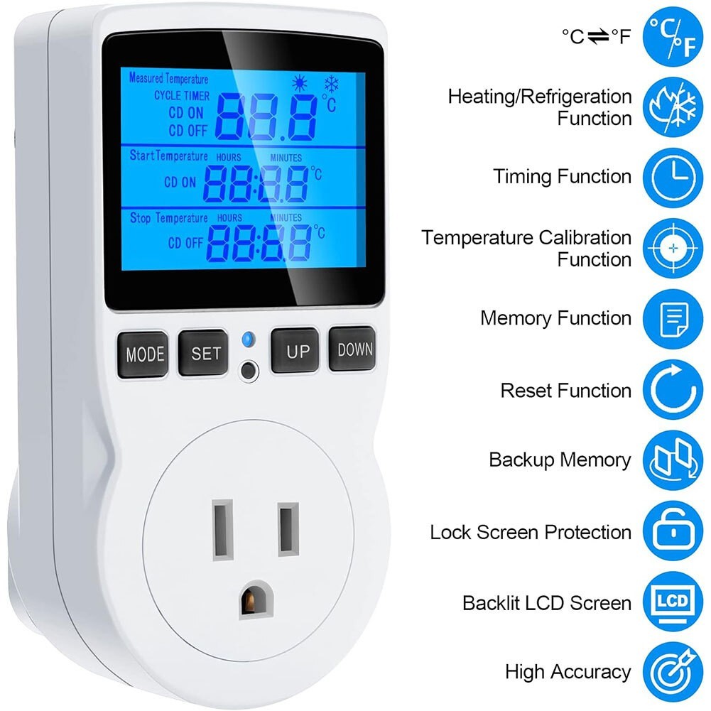 Digital Thermostat Outlet Plug Temperature Controller Heating Cooling &Probe New