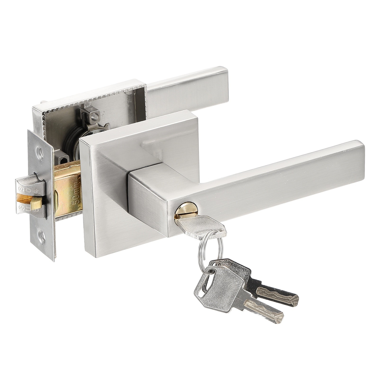 Entry Lever Door Lock with Key 304 Stainless Steel Square Deadbolt Lock Silver