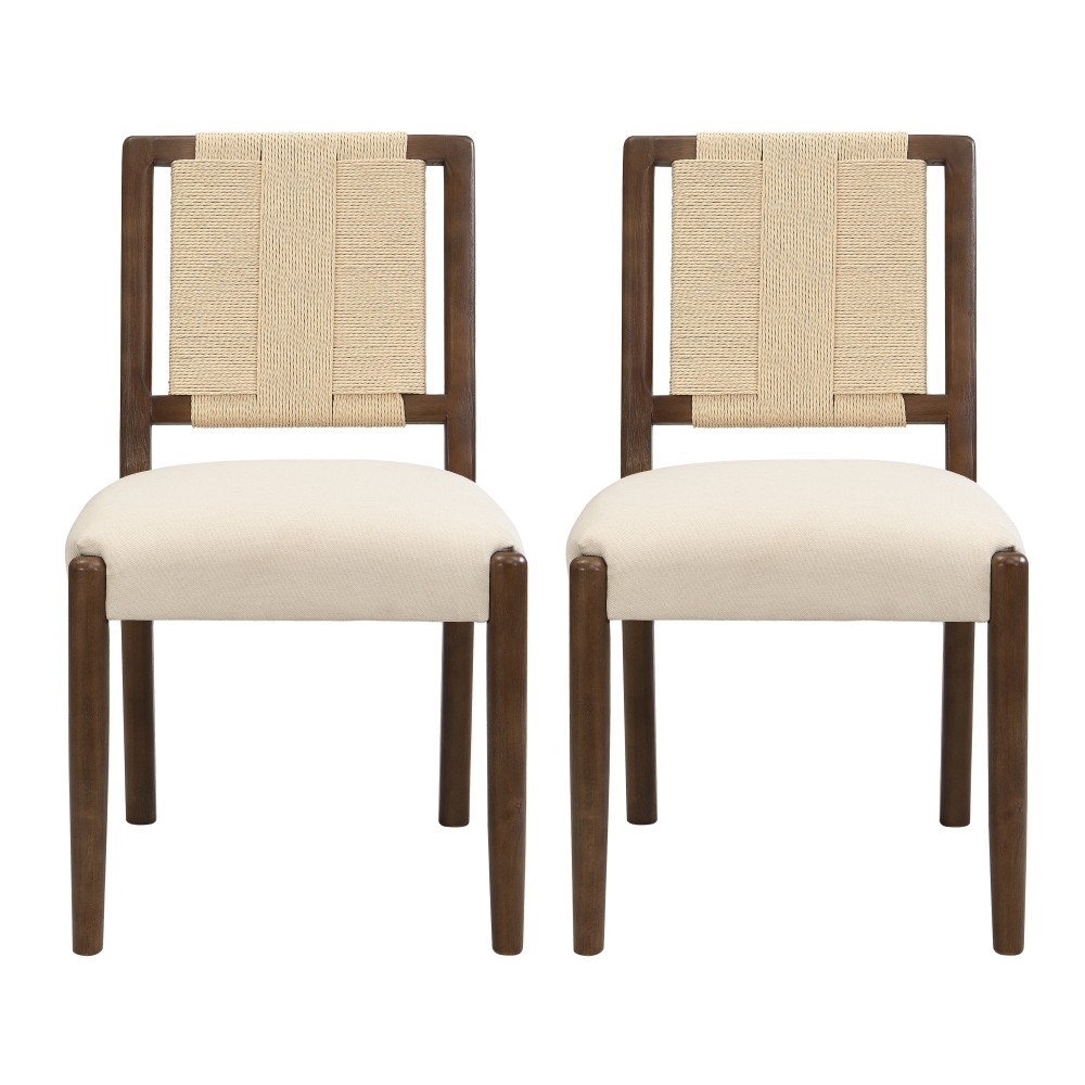Upholstered dining chair with woven rope backrest Set of 2-walnut+Beige