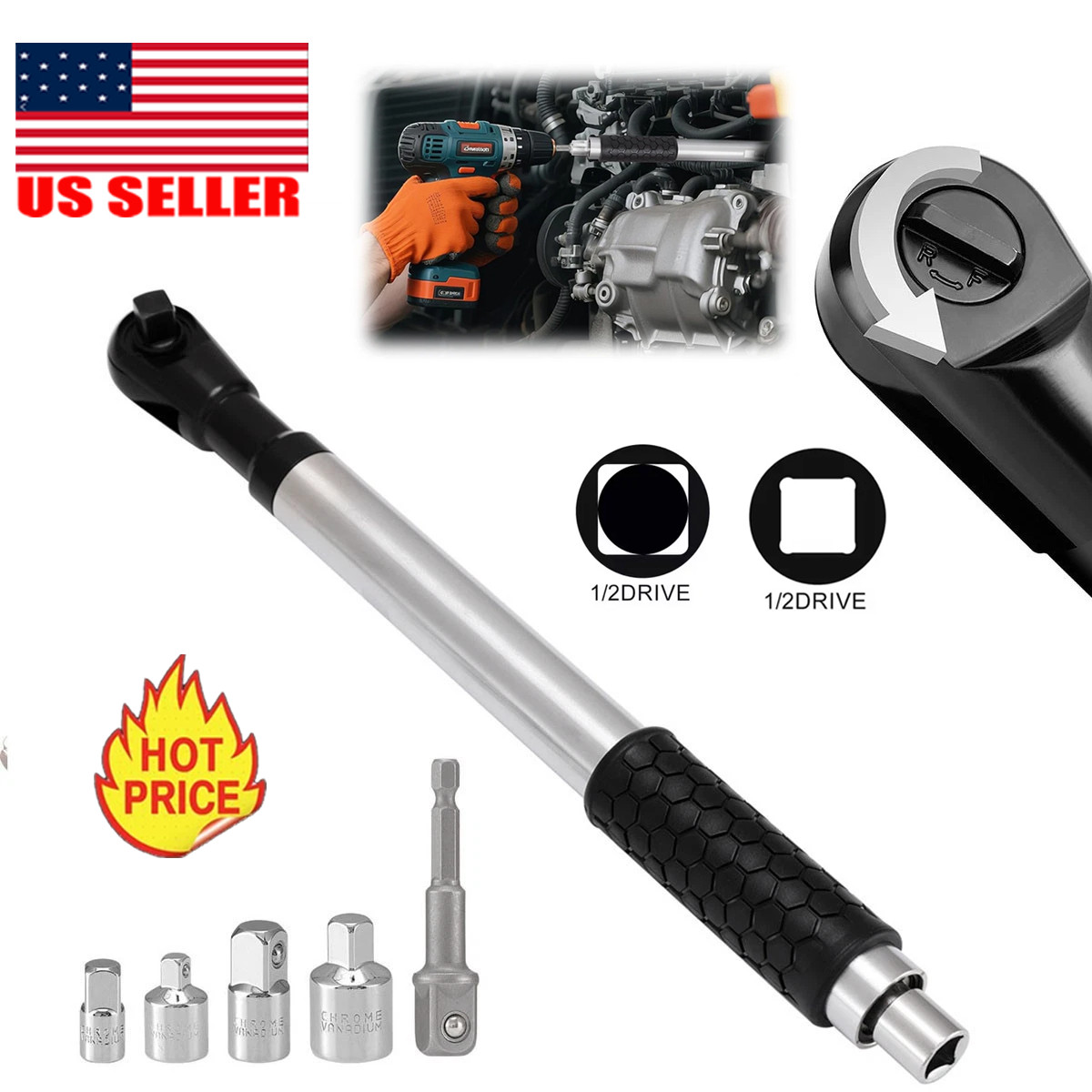 1/2" Offset Extension Wrench Impact Ratchet Extender for Electric Drill Adapter