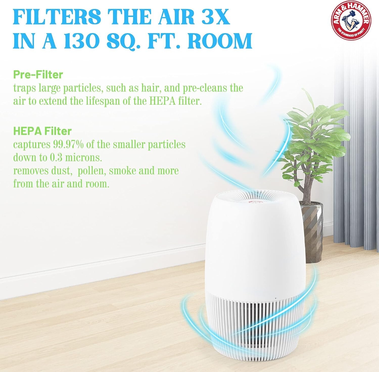 Arm & Hammer, AH301W HEPA Desktop Air Purifier for Home Office, Pearl White