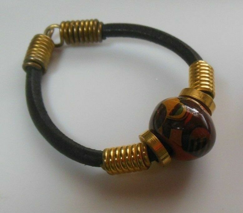 Vintage Ceramic Bead,Gold-tone Coiled Wire Metal Hook Bracelet