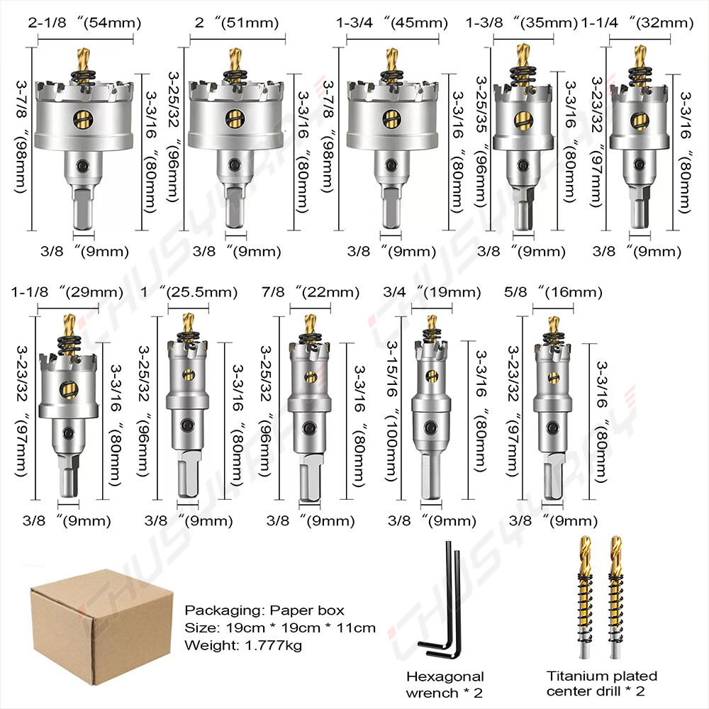 12PCS TCT Hole Saw Kits for Hard Metal, 5/8"-2-1/8" Inch Tungsten Carbide NEW