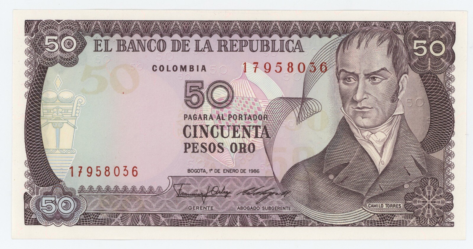 Colombia 50 Pesos 1-1-1986 Pick 425.b UNC Uncirculated Banknote