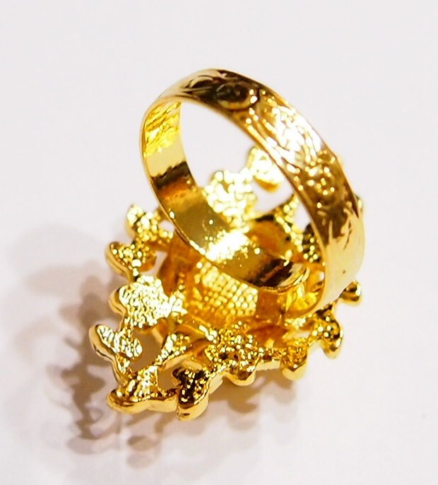 6 - 14x10mm Shiny Gold Victorian Deco Loop & Leaves Adjustable Ring Settings