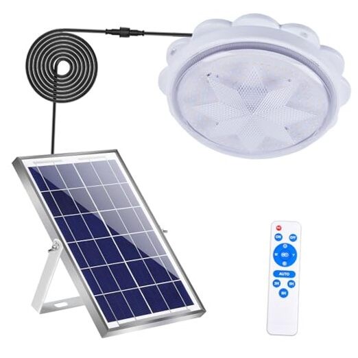 Solar Ceiling Light, Porch Ceiling Light with Remote, Dimmable Solar White