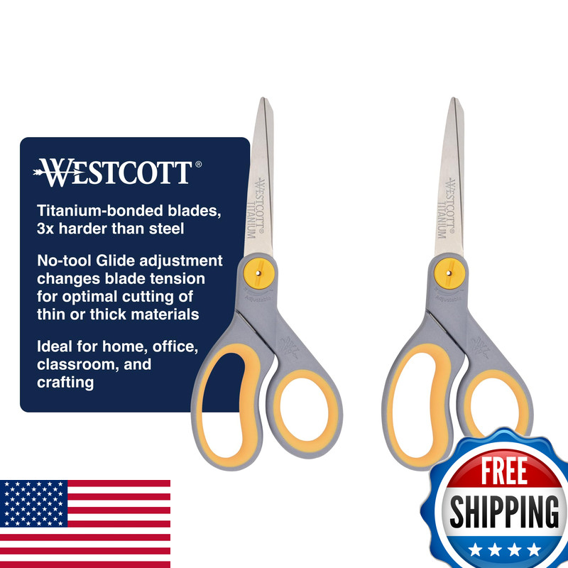 Westcott 8 Titanium Bonded Scissors Adjustable Glide And Soft Handle 2-Pack-