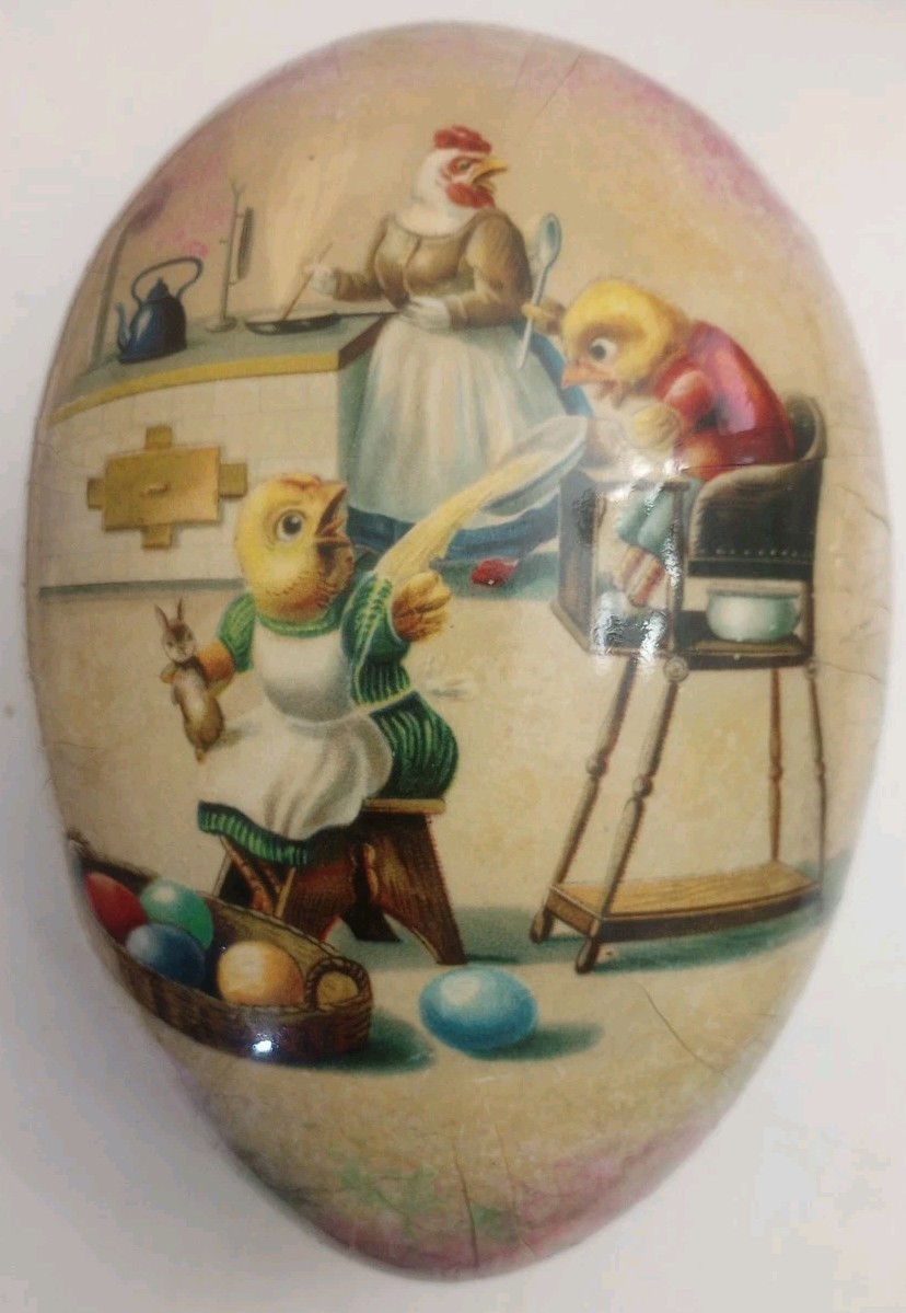 Vtg Paper Mache Decoupage 7" Easter Egg Candy Box Old World Nostalgic Fill