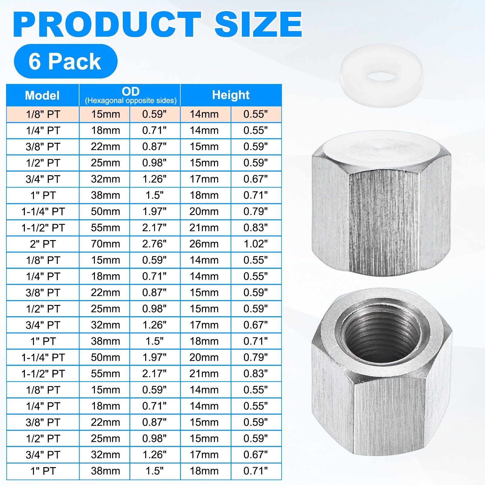 6-Pack Hex End Cap, 1/8 Inch PT Female Thread Pipe Fitting