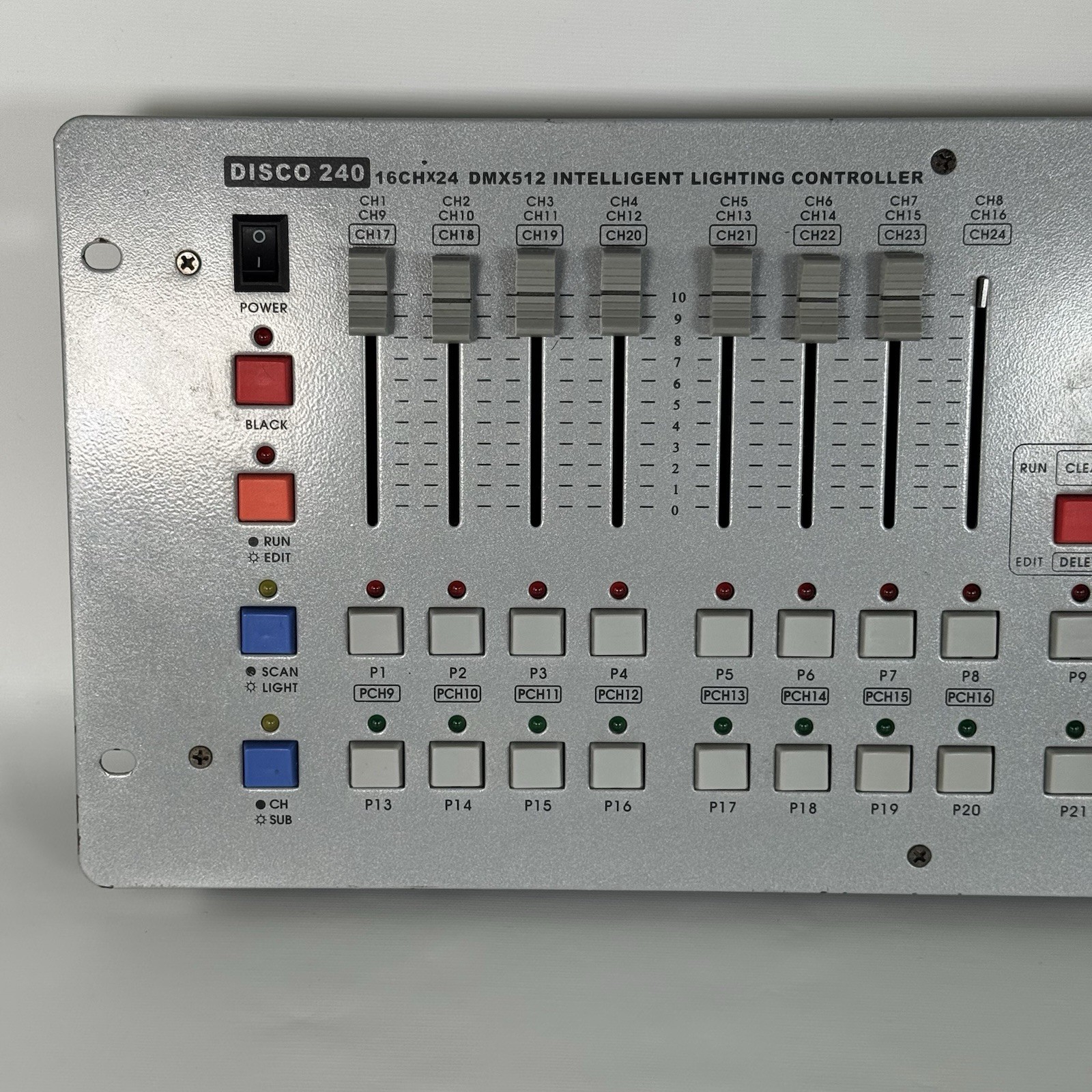 Disco 240 DMX512 stage lighting controller. Fader and joystick control sequencer
