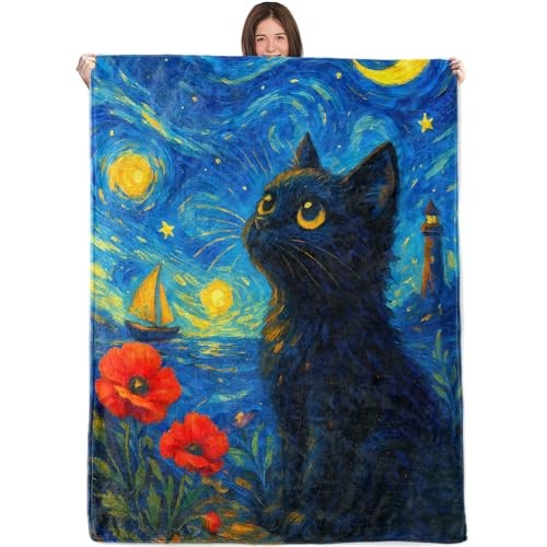 Starry Night Black Cat Blanket,50x60in,Cozy Flannel Throw 60"x50" Black Cat 01
