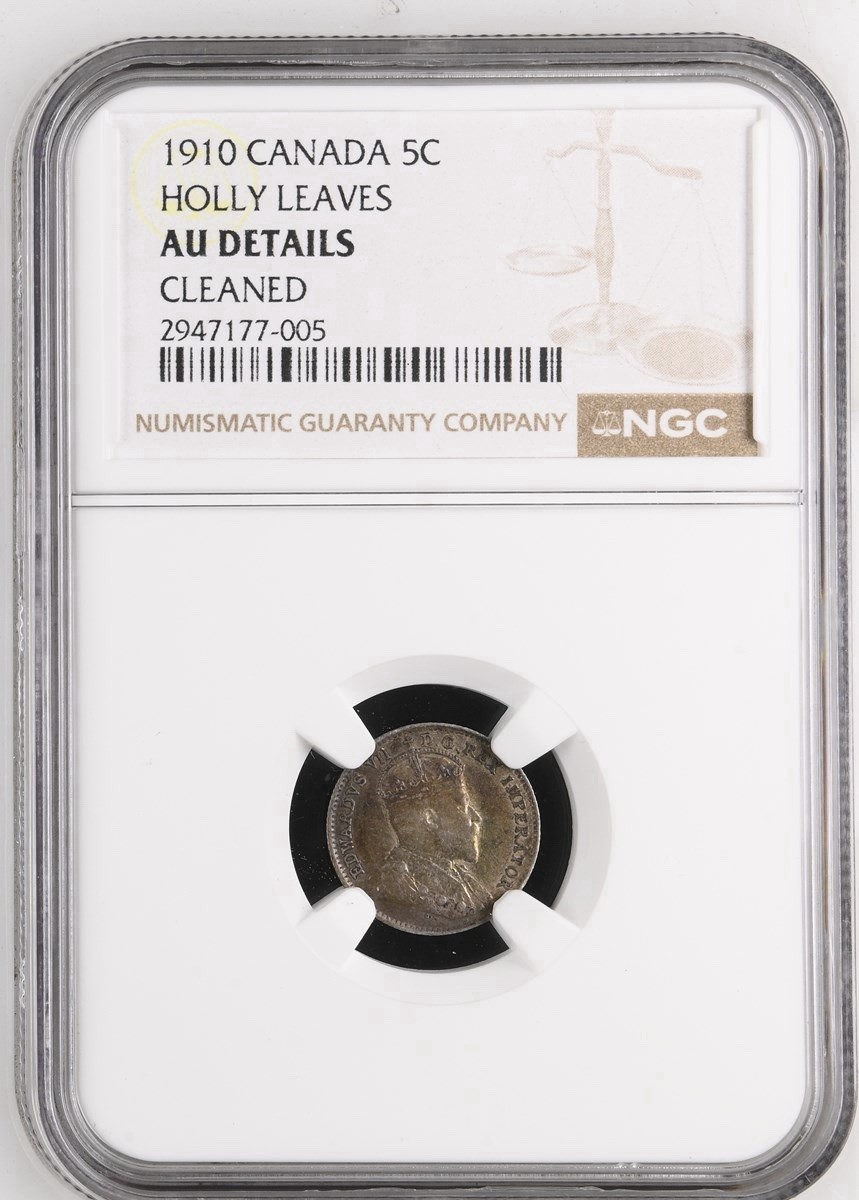 1910 Canada Silver Five Cents (Holly Leaves) 5C - Edward VII NGC AU Details