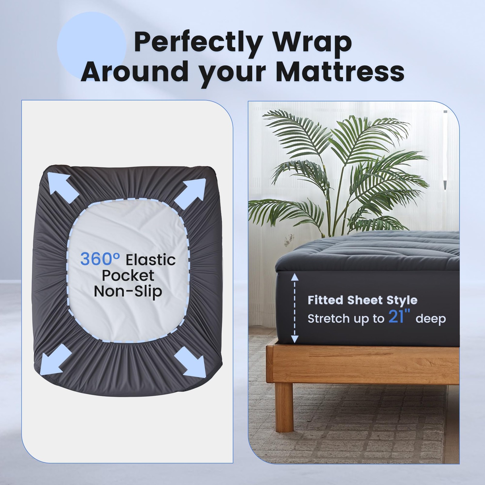 Waterproof Mattress Pad Queen, Quilted Fitted Queen Grey