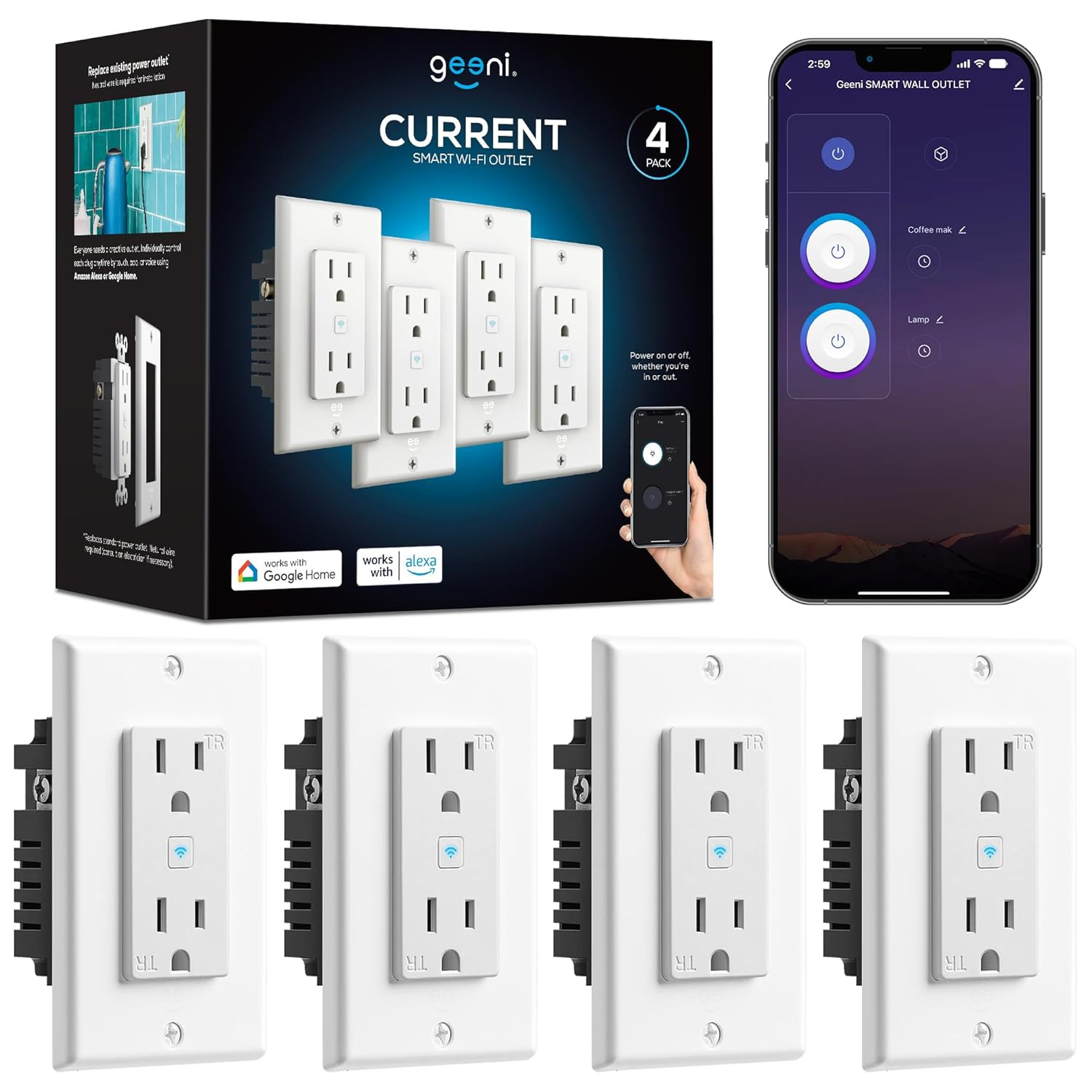Smart Wifi In-Wall Outlet, White, 4 Pack – 2 Smart Outlets per Plug, Compatible