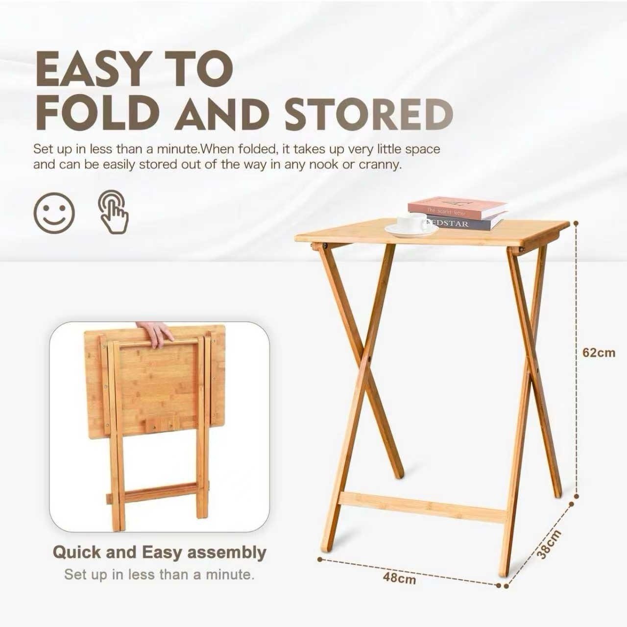 62cm BAMBOO Wooden Folding Table Tray Dinner Home Coffee Snack Outdoor Desk