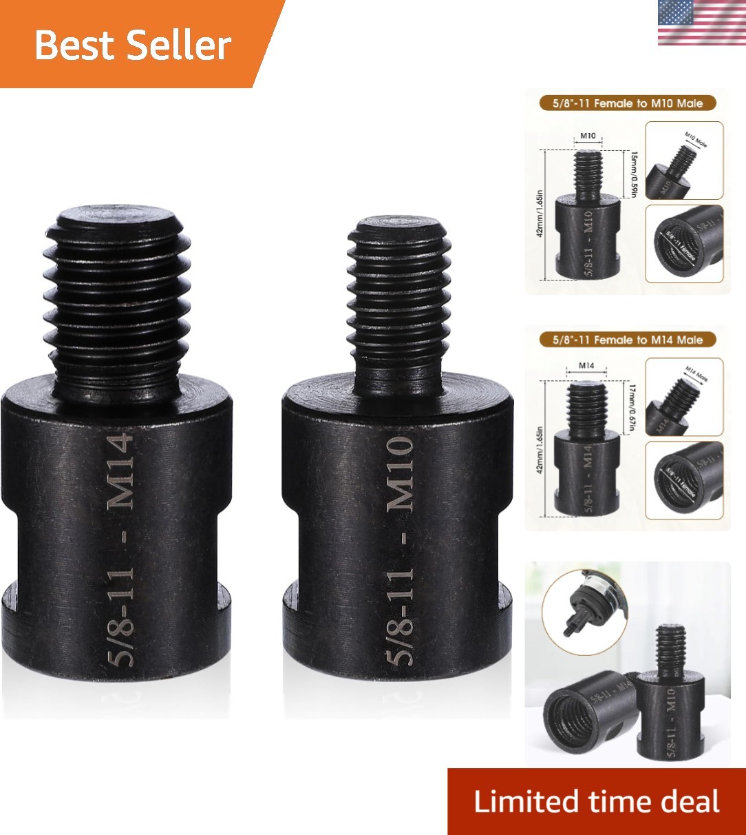 Heavy-Duty Angle Grinder Thread Adapter: 5/8"-11 to M10/M14 for Versatile Use