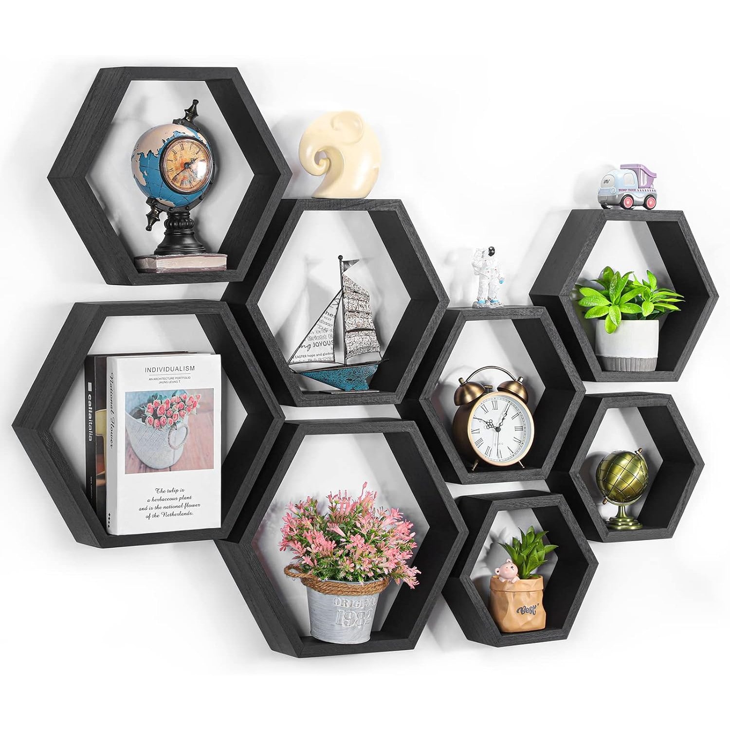 8PCS Hexagonal Floating Shelves, Honeycomb Wood Shelves for Living Room, Black